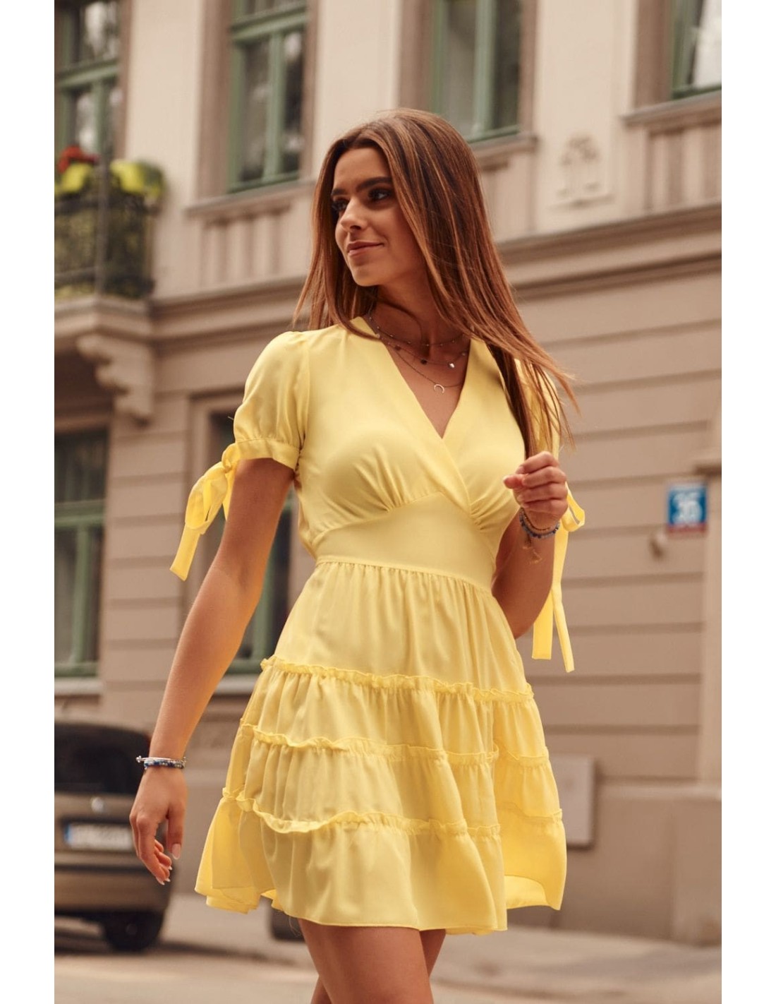 Summer dress with short sleeves, yellow PR3181 - Online store - Boutique